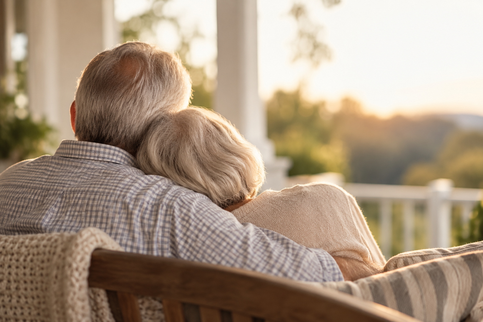 An older couple resting together on a porch swing at sunset