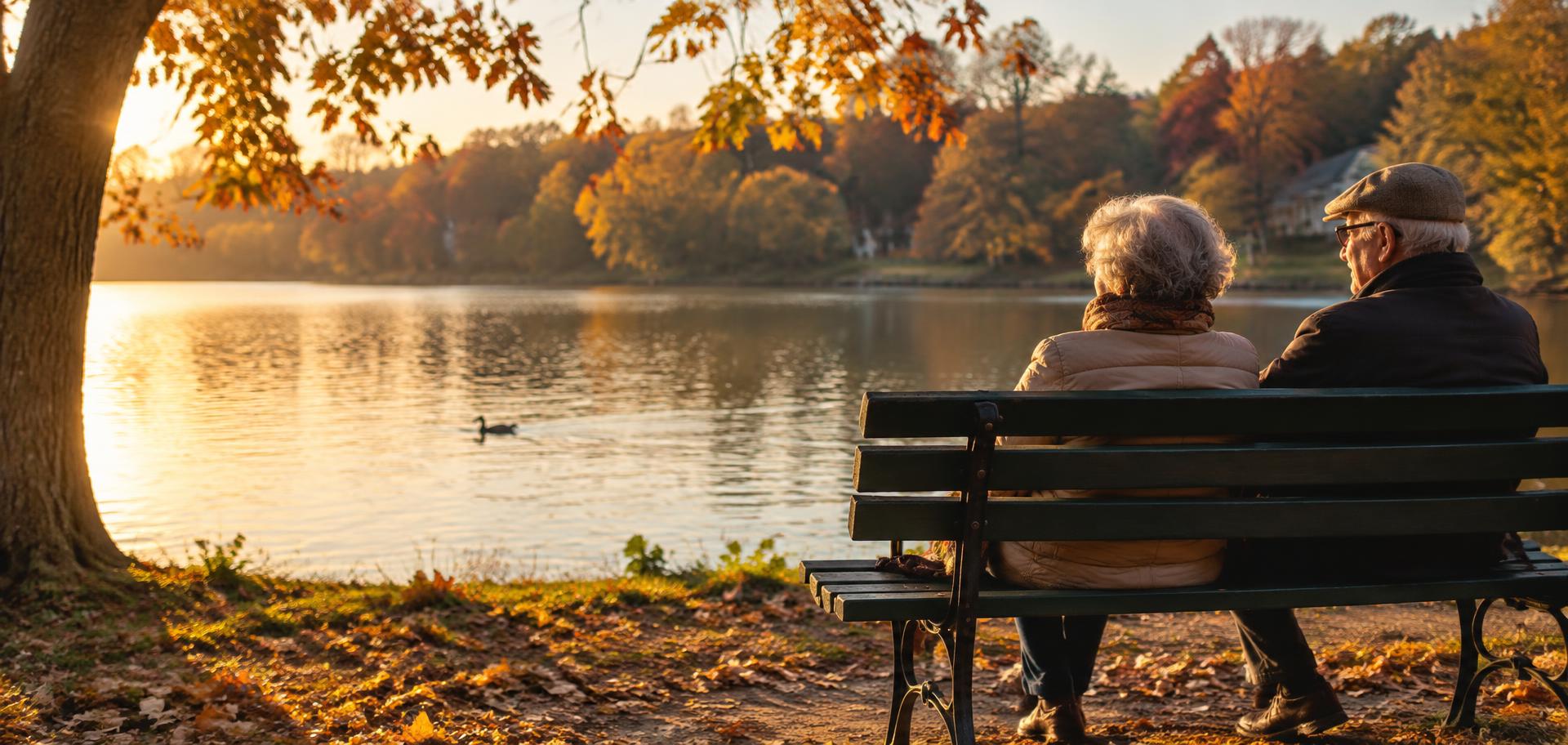 An older couple on a park bench by a lake in autumn