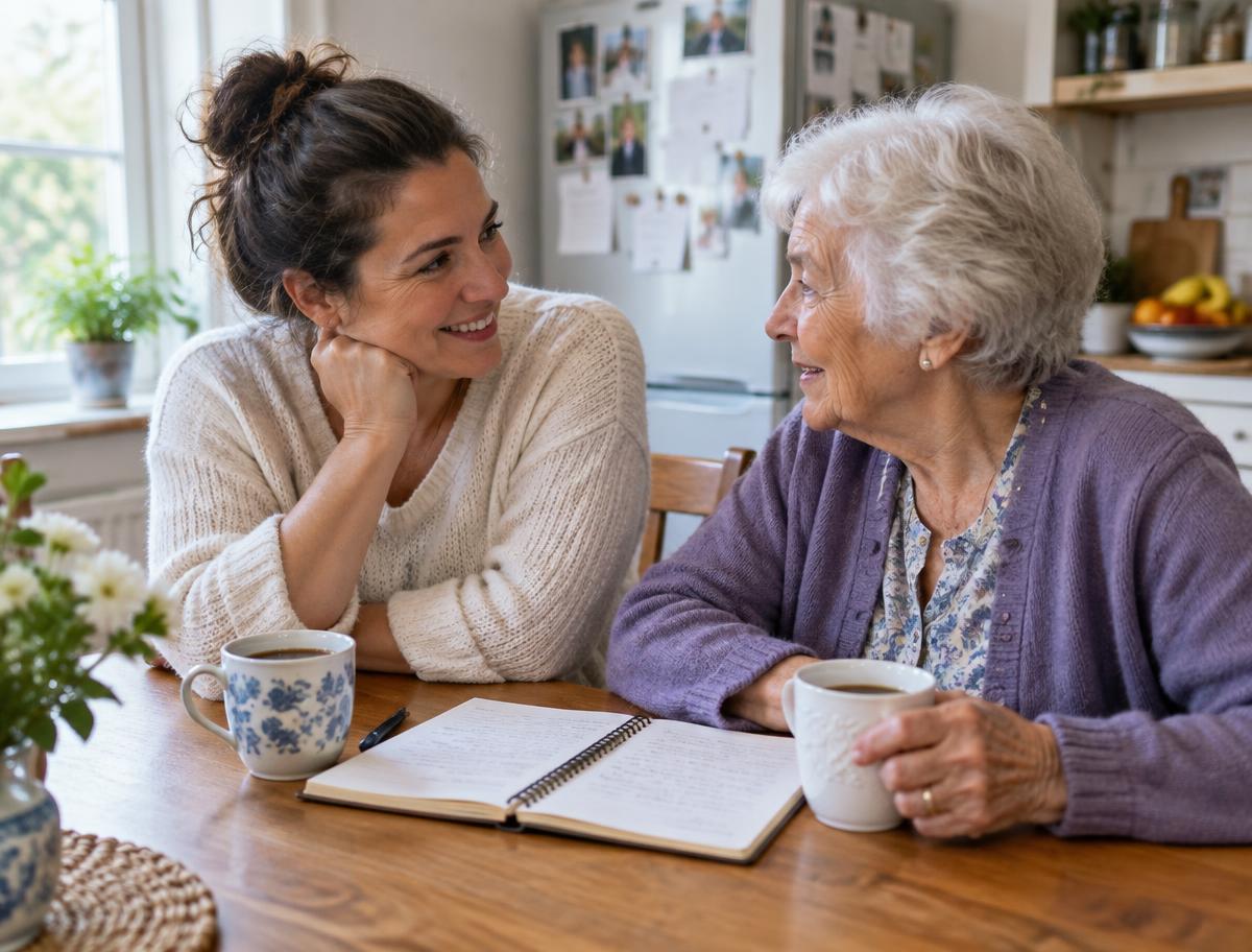 A daughter and her mother talking over coffee at the kitchen table